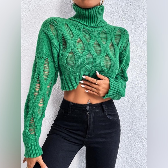 Zara green crop sweater w/ cut out slits. Artistic & gorgeous! - Picture 2 of 7